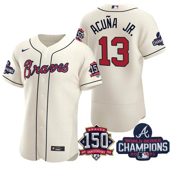 Men's Atlanta Braves #13 Ronald Acuña Jr. 2021 Cream World Series Champions With 150th Anniversary Flex Base Stitched Jersey